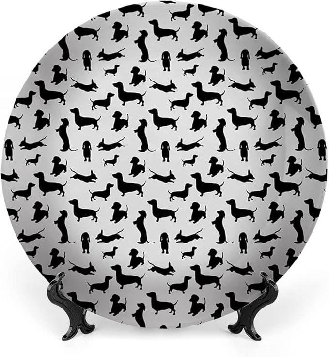 Ceramic Display Plate, Dog Lover Ceramic Hanging Decorative Plate, Monochrome Dachshunds in Numerous Stances Active Life, 7 Inch, Living Room Kitchen Decoration Household, Black White