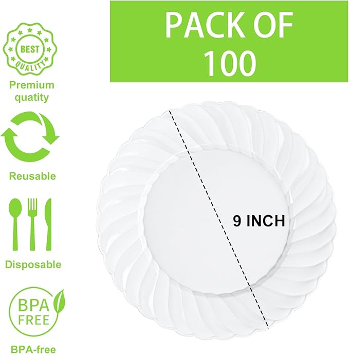 U-QE 100 Pieces White Plastic Plates - 9 Inch White Disposable Plates - Washable & Reusable - Premium Hard Plates - Party Supplies for Party, Celebrations, Travel, Wedding, Party and Events