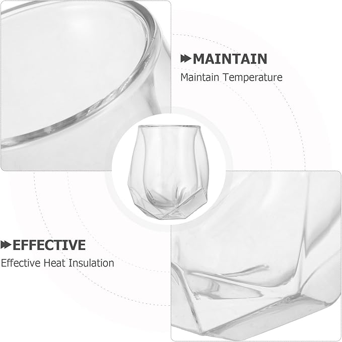 Double Wall Whiskey Glass with Pentagonal Base, Creative Small Tumbler for Home Parties, Ribbed Insulated Glassware for Women and Cocktail Enjoyment