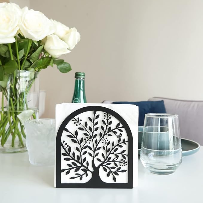 Napkin Holder for Tables, Vintage Metal Freestanding Tissue Dispenser, Black Cast Iron Vertical Tabletop Paper Napkin Holder Stand for Dinner Home Kitchen Restaurant Picnic Party (Tree of Life)