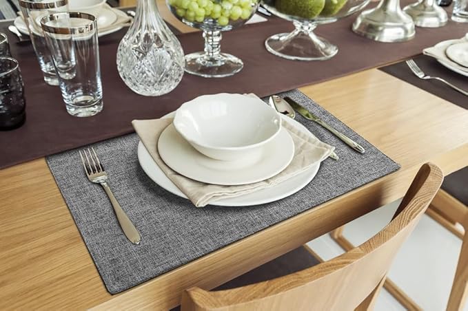 homing Cotton Linen Placemats Set of 6, Cloth Washable Farmhouse Dining Table Mats for Indoors & Outdoors, Easy to Clean, Dark Grey, 13 x 19 Inch