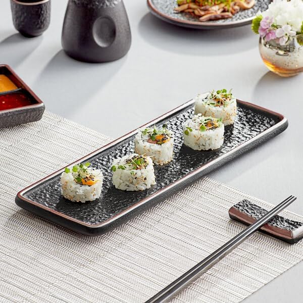 Heika Black Matte Rectangular Stoneware Plate, 12 3/8 x 4 1/2 Inch, Textured Design with Iridescent Banded Rim, Microwave and Dishwasher Safe, 12 per Case