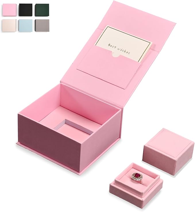 Oirlv Ring Gift Box with Lid Magnetic Boxes for Wedding Proposal Gift Birthday Present with Card(Pink)