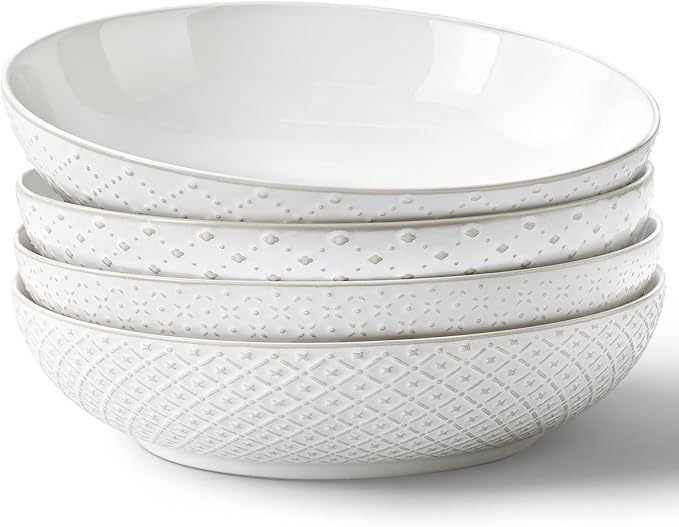 Y YHY Large Pasta Bowls, 45 oz Embossed Salad Bowls for Serving Soup, Noodle, Dessert, Dinner, Kitchen Deep Plates, 9.75" Porcelain Shallow Bowls, Soft White Dishes for House-warming Wedding Present