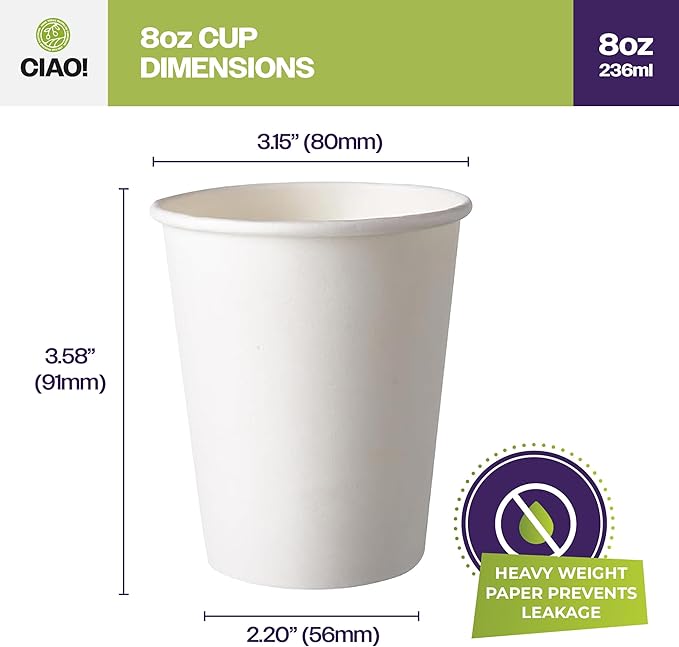 CIAO! 8oz White Paper Hot Cup, Disposable, 80mm Diameter 1,000 Count