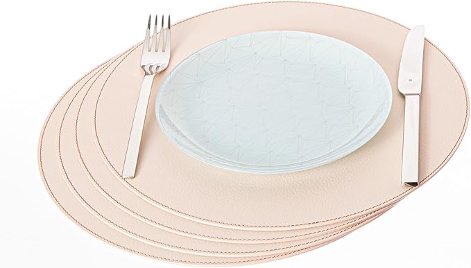 Nikalaz Round Placemats Set (Pack of 4) Recycled Leather Table Mats 15 inches, Kitchen Dining Table Decor by Nikalaz (Creamy White/Beige with Light Pink Nuance)