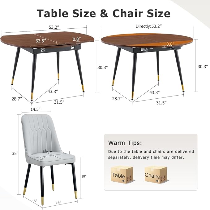 53” Round Dining Table Set for 4｜5 Piece Wood Dining Table Set｜Extendable Dining Room Table with 4 Chairs｜Walnut Wooden Tabletop with Metal Legs｜Easy Assembly｜Space Saving｜for Kitchen, Living Room