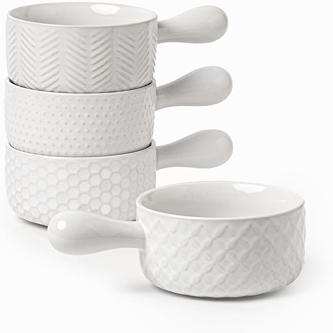 20oz Ceramic Soup Bowls with Handle, Set of 4,Textured Embossed Stoneware for Chili, Stew, Cereal,Microwave & Dishwasher Safe, Rustic Dinner Bowls for Home Kitchen
