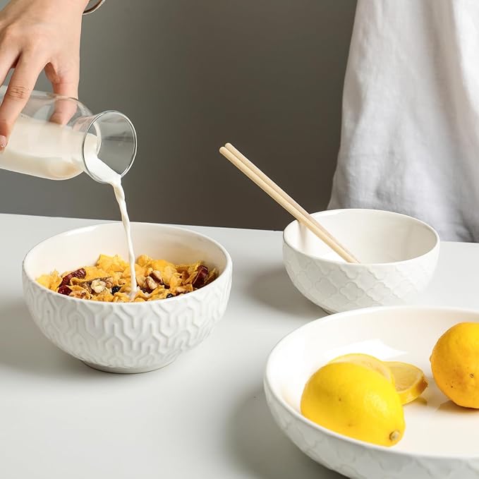 Sureasy Ceramic Cereal Bowls Set of 4-25 oz White Soup Bowls for Kitchen, Perfect for Soup, Pasta and Salad, Microwave & Dishwasher Safe