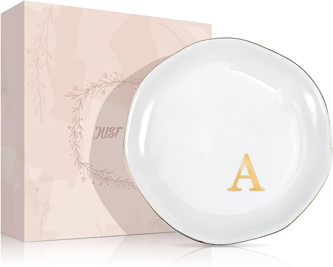 ProCase Ceramic Jewelry Tray, Initial Ring Dish Trinket Plate Engagement Gift, Small Personalized Monogram Ring Bowl for Wedding, White Decorative Jewelry Holder for Women Vanity -Letter A