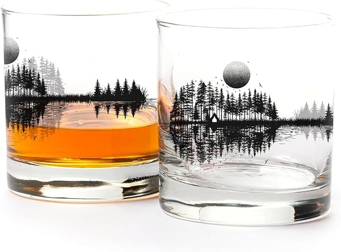 Black Lantern Nature Guitar Whiskey Glasses – Set of 2 Premium 11oz Rocks Tumblers with Hand-Printed Forest Guitar Artwork – Heavy-Base Old Fashioned Glasses for Bourbon, Scotch & Cocktails