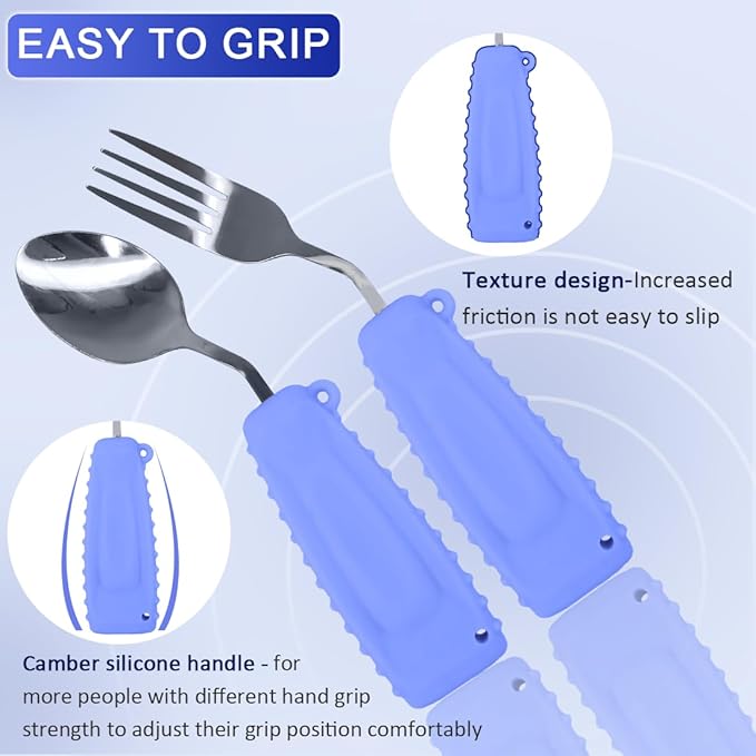 Adaptive Utensils,Curved Angled Spoon and Fork Set,for Tremors Parkinsons Limited or Elderly,Lightweight Cutlery with Non-Slip Easy Grip Handles (Right Hand Spoon and Fork Set,Pack of 2,Purple)