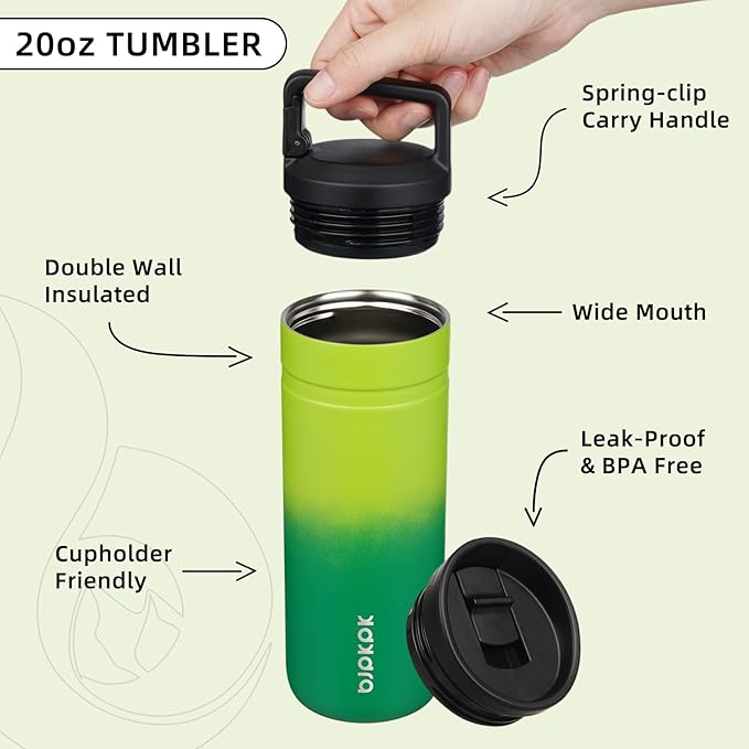 BJPKPK Insulated Water Bottle with 2 Lids,20 oz Double Wall Stainless Steel Vacuum Tumbler Travel Coffee Mug,Wide Mouth Thermal Cup,Matcha Green
