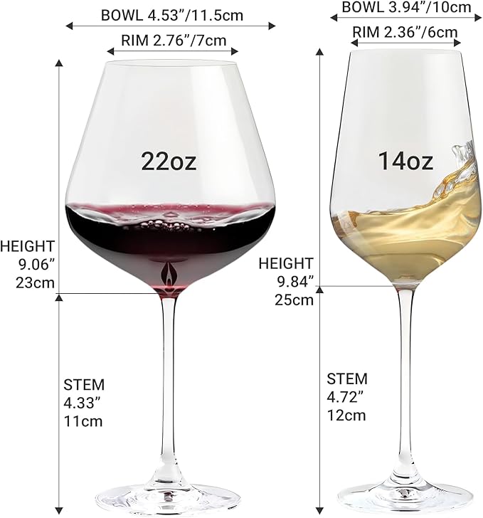 Physkoa Wine Glass Set of 4 – 2 Red (22oz) & 2 White (14oz) Hand-Blown Crystal Glasses, Perfect for Birthday, Wedding & Housewarming Valentines's Day Gifts