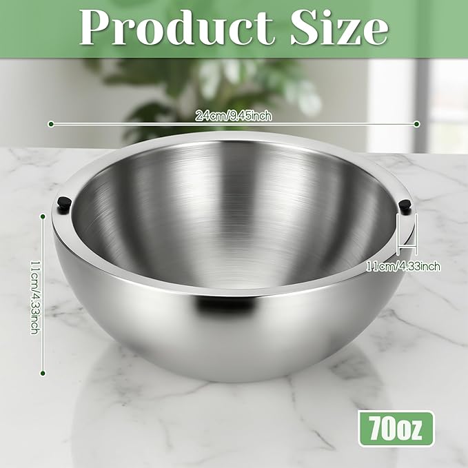 Dip Bowl,Large 70 oz Heat Insulated Stainless Steel Bowls Ideal for Guacamole Salsa,Double Walled Insulated Cold or Hot Se for Salsa, Guacamole, Salad, Sauces, Hot or Cold Food, Party