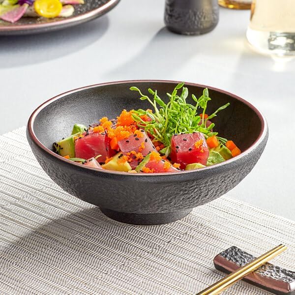 Heika Matte Black Stoneware Bowl, 35 oz, Textured with Iridescent Banded Rim, Dishwasher and Microwave Safe, 8 Inch Diameter, 12 per Case