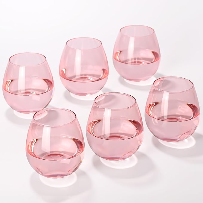 Pink Wine Glasses Set of 6-15oz -Colored Stemless Hand-Blown Wine Glasses, European Design Crystal Glass For Red & White Wine, Unique Gifts for Wedding, Birthday,Valentine's Day