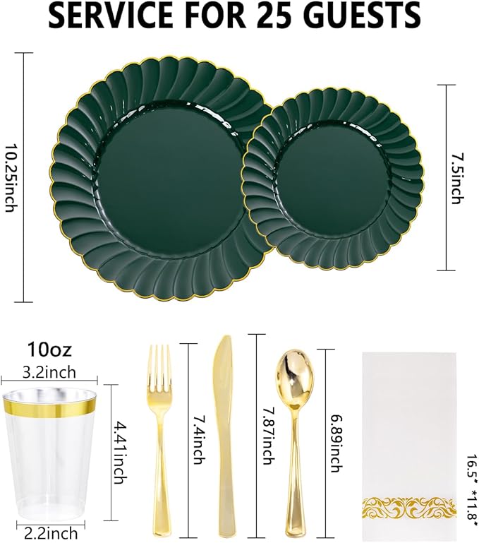 YOUBET 175PCS Green Scalloped Plastic Plates - Green and Gold Disposable Dinnerware Set Include 50 Plates, 75 Gold Silverware, 25 Cups, 25 Napkins for Party & Wedding
