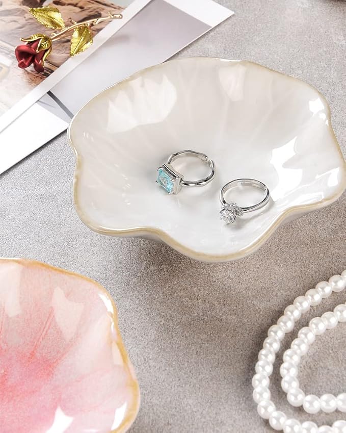 2PCS Lotus Leaf Shape Ring Holder Dish, Small Key Bowl, Ceramic Trinket Tray Jewelry Dish Organizing Necklace Earrings for Mom Friend Sister, All Jewelries Are NOT Included. White +Pink.…