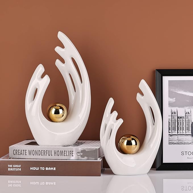 9.5"H White Gold Aesthetic Room Decor Accent, TV Stand Funky Table Centerpiece, Abstract Art Ceramic Statue and Sculpture, White Decor for Living Room, Bookshelf Decorative Objects, Shelf Decor