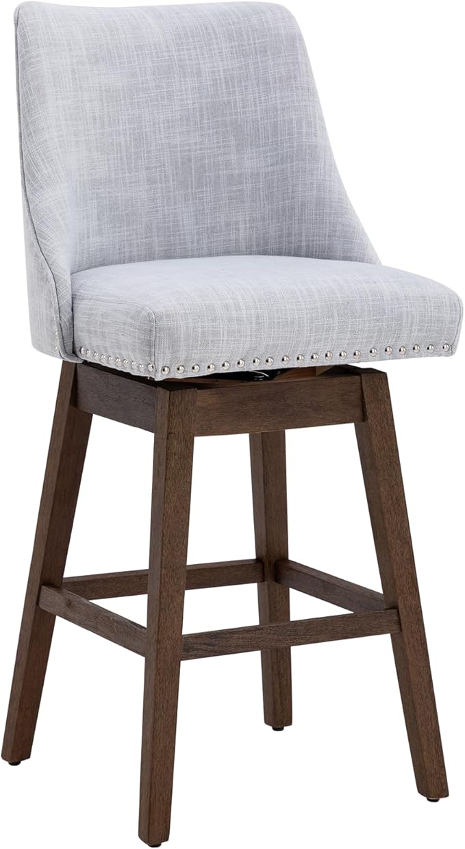 27.5" Counter Height Bar Stool, Linen Fabric Mid Century Modern Swivel Barstool with Back & Wood Legs Comfy Upholstered Counter Chair for Home Bar/Dining Room/Restaurant, Grey