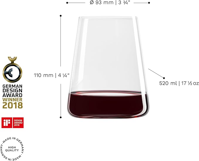 Stölzle Lausitz Red Wine Tumblers Power Set of 4, 17 1/2 oz – Modern Stemless Wine Glasses for Maximum Aroma – Flat Red Wine Glasses in Crystal Glass – Dishwasher & Break-Resistant, Made in Germany