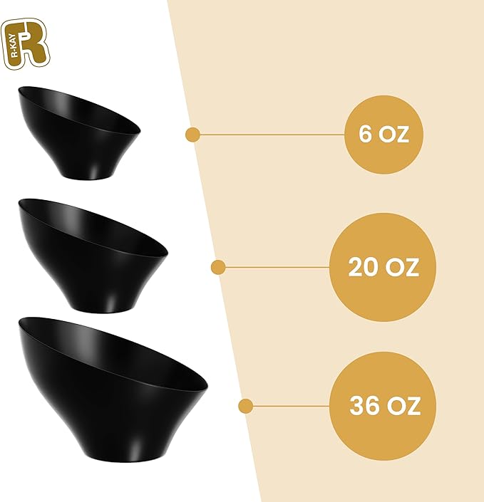 R-kay 6 Pack Angled Black Serving Bowls - Small Plastic bowls 6 oz - Premium Plastic Serving Bowls Heavy Duty For Weddings Catering, parties, And All Occasions (Black, Small)