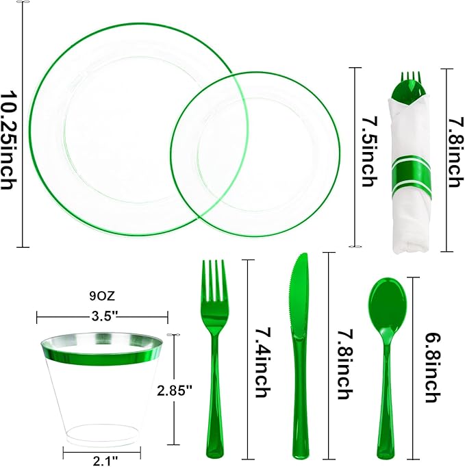 SUT 350 Pcs Green and Clear Plastic Dinnerware Set for 50 Guests, Include: 50 Dinner Plates, 50 Dessert Plates, 50 Pre Rolled Napkins With Silverware, 50 Cups, Disposable Plates for Party