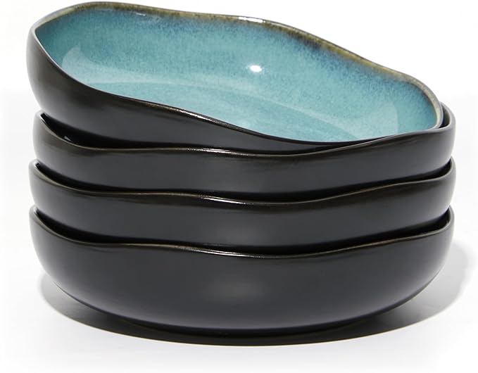 Pasta Bowls Set of 4, 36 Oz Ceramic Bowl Plates, Microwave Safe Bowl Sets, Deep Serving Bowls for Vegetable, Spaghetti, Noodle, Highly Durable Reactive Glazed, Green Black