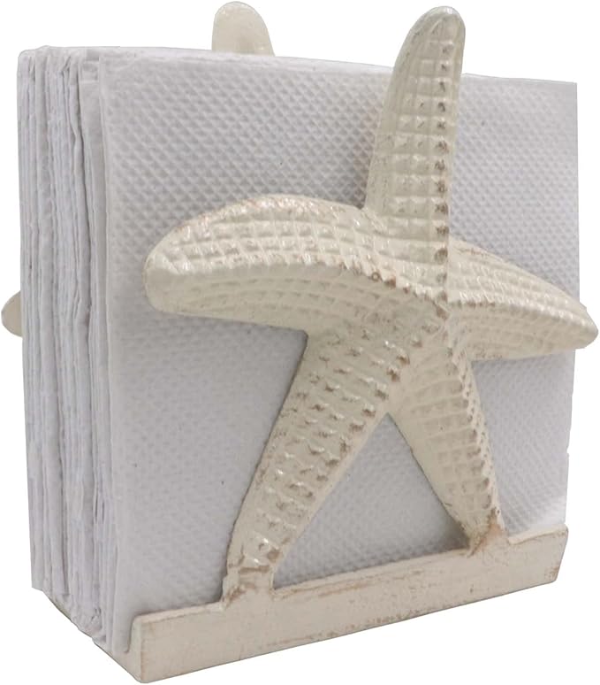 Nautical Metal Napkin Holder for Lunch/Dinner/Beverage Cocktail Napkin Holder For Kitchen/Ocean/Coastal By The Metal Magician (Starfish Sea White)