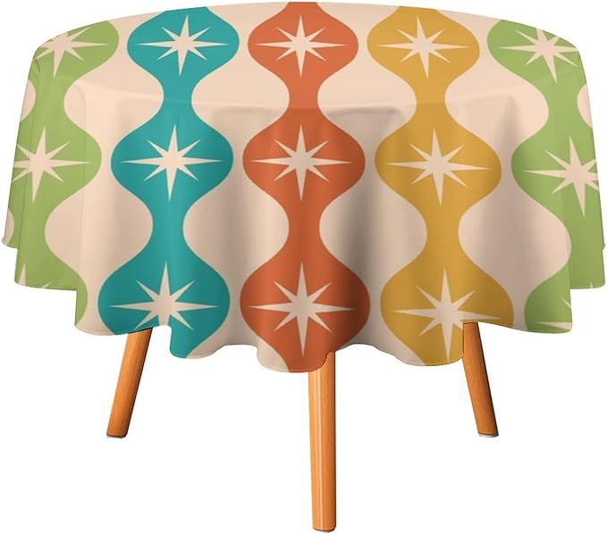 Mid Century Modern Round Tablecloth, Vintage Abstract Colorful Geometric Tablecloth for Home Party Dining Room Kitchen Decor 60Inch(152cm)