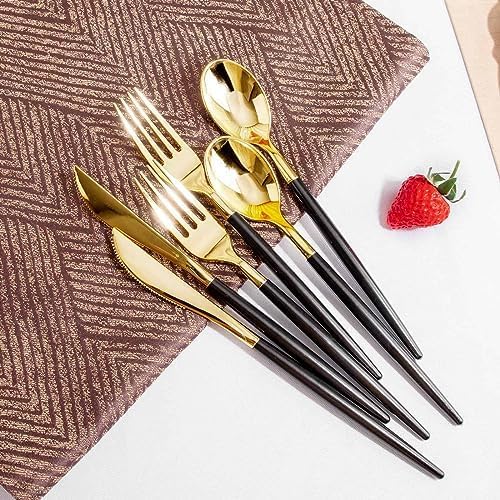 WDF 30Guest Black and Gold Plastic Plates - New Year Plates - Gold Plastic Silverware With Black Handle Baroque Black and Gold Disposable Dinnerware for New Year &Parties