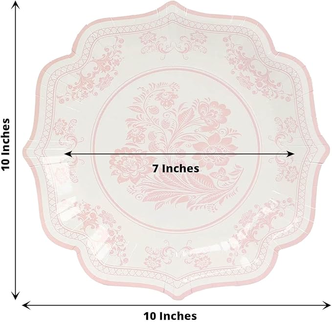 50 Pack 10" White Pink French Toile Dinner Plates, Disposable Round Paper Party Plates 300 GSM for Festive Table Decoration