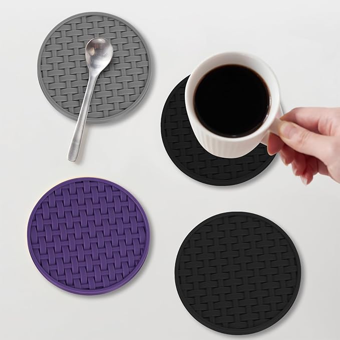 6 Pcs Silicone Coasters for Drinks Black, 4 Inches Heat Resistant Cup Mats, Non-Slip Waterproof Table Protectors for Coffee Mugs, Cups - Home Kitchen Office Decor
