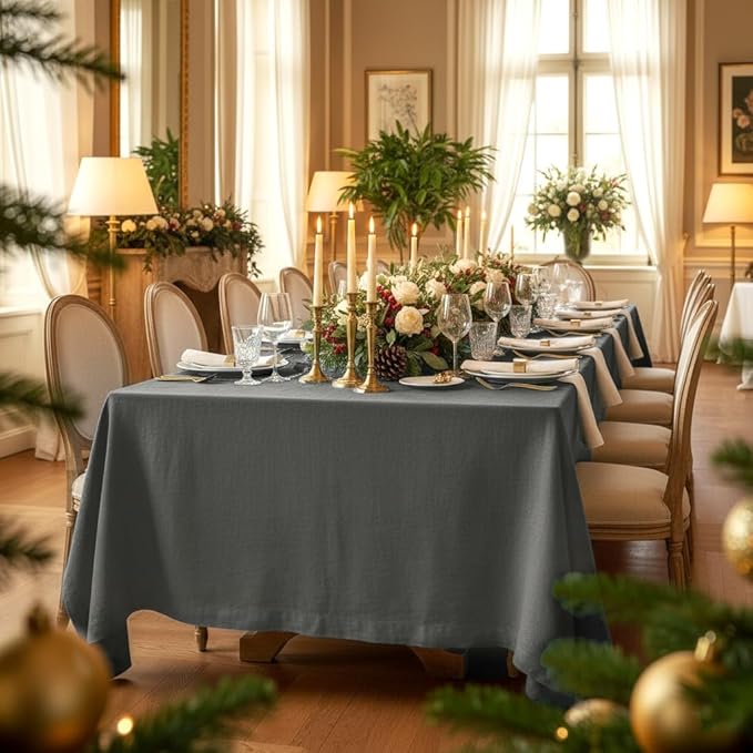 D'Moksha Homes Linen Tablecloth 60 x 90 Inch - 100% Pure Linen Charcoal Grey Tablecloth for Rectangle Tables - Machine Washable Table Cloth for Spring, Easter