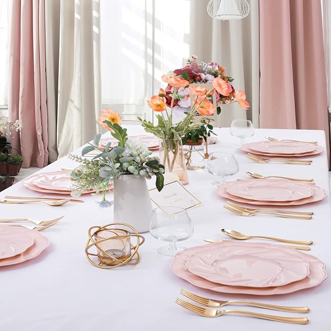 Morejoy Pink Plastic Plates 60PCS for Party, Disposable Plates, Includes 30PCS Dinner Plates, 30PCS Dessert Plates, Perfect for Wedding, Shower, Valentine's Day