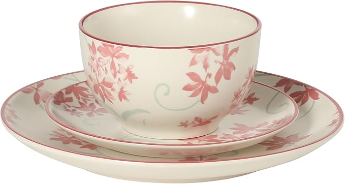 Gibson Home Admiral Hall 12-Piece Matte Stoneware Dinnerware Set – Dinner Plates, Salad Plates & Bowls with Pink Floral Pattern, Durable Everyday Dish Set, Microwave & Dishwasher Safe