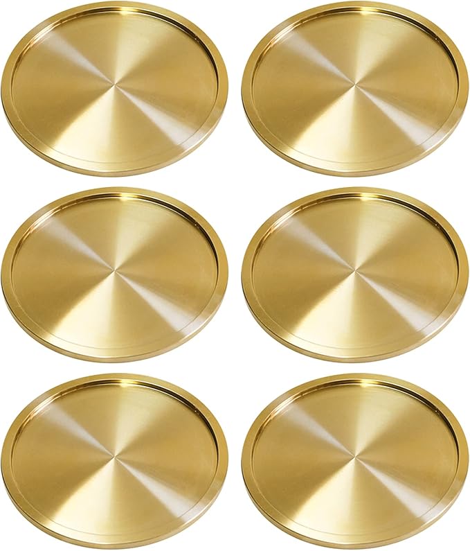 Heavy Brass Coasters for Drinks (6-Pack) - Solid Bronze Gold Coasters - Classy MCM Style Premium Coaster Set - 5 Star Hotel Table & Bar - Board Room Elegant Copper Cup Holder - L