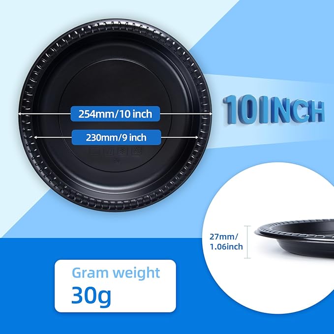 YANGRUI Plastic Plates Mineral Filled PP 10" - 150 Pack Shrink Wrap | Commercial Grade Black Shatter Resistant Trays | Reusable Dishwasher Microwave Safe BPA Free | Heavy Duty Bulk Party Plate