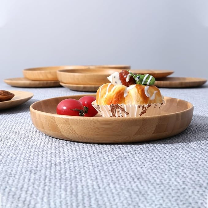 Bamboo Plates 7.5Inch Round Bamboo Plates Reusable Dinner Plates Tableware Set of 6 Wooden Plate Lightweight Dishes Snack, Dessert, Unbreakable Classic Plate