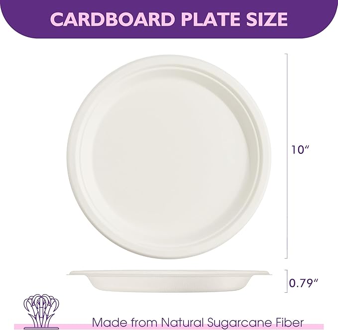 Compostable Paper Plates 10 Inch 150 Pack, Biodegradable Disposable Plates Heavy Duty White Plates, Made of Natural Sugarcane Bagasse, Unbleached Round Dinner Plates