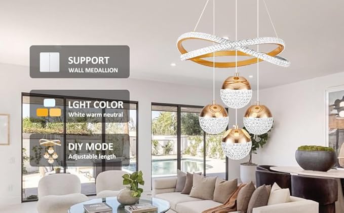 Modern Gold LED Chandeliers, 3-Color Dimmable Pendant Light for Kitchen Island, Dining Room, Living Room, Contemporary Hanging Ceiling Light, Adjustable Height, Perfect for Modern Home Decor.