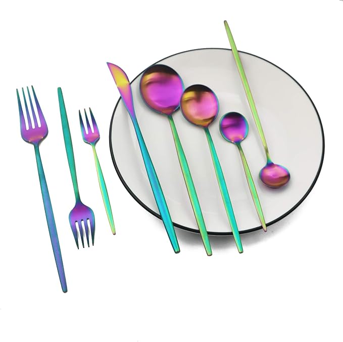 JASHII 32-Piece Tableware Set Stainless Steel Flatware Set with Coffee Spoon Long Handle Spoon Premium Cutlery Service for 4 Satin Finish Utensils for Home (Rainbow)