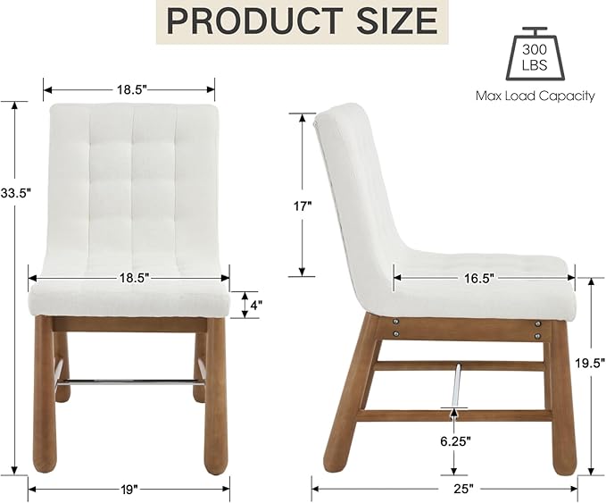 CIMOTA Modern Tufted Dining Chairs Set of 2 for Kitchen, Farmhouse White Linen Fabric Kitchen & Dining Room Side Chairs with Cushion Back, Oak Wooden Frame, Thickened Upholstered
