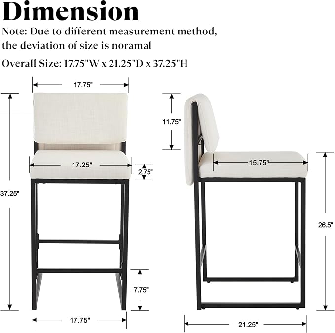 Modern Barstools Set of 4, 26” Upholstered Counter Height Bar Stools Linen Fabric Counter Stools with Padded Back Metal Frame for Kitchen Island Dining Room, Beige