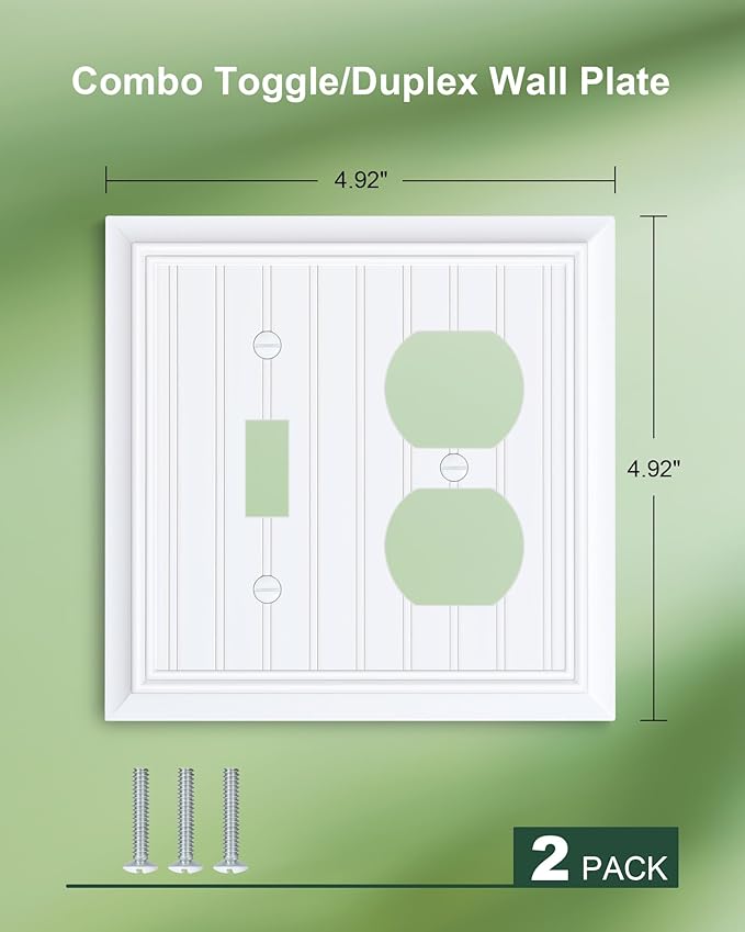 2-Pack Classic Beadboard Combo Toggle/Duplex Light Switch Cover Plate, Pure White Outlet Cover Plate, Natural Bamboo Fiber Decorative Wall Receptacle Cover for Electrical Outlets, Light Switch