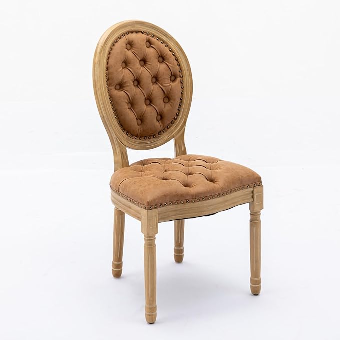 Ball & Cast French Vintage Upholstered Dining Chairs Set of 2, Button Tufted Kitchen Side-Chairs with Carved Antique Wood Frame & Nailhead Trims, PU-Leather Curved Backrest Louis Chair, PU Orange