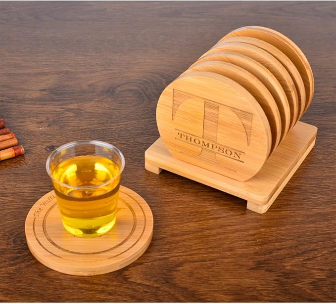 Personalized Bamboo Coasters, Custom Engraved Monogram Coasters with Holder, Great Gifts for Relatives, Friends or Yourself (T, Set of 6)