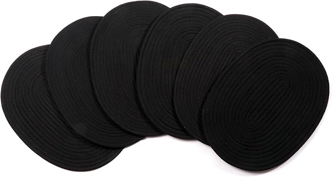 6 Pack Woven Placemats Fabric Tablemats, 12x16 inches Plate Chargers Cotton Weave Placemat Oval Braided Rattan Tablemats for Kitchen Dining Table Outdoor Party Wedding Decoration (Black)