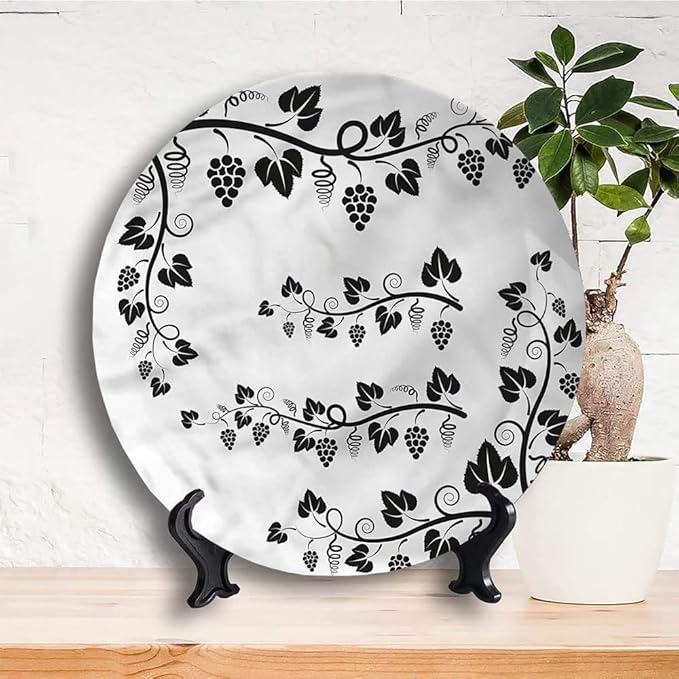 Ceramic Display Plate, Vine Ceramic Hanging Decorative Plate, Grapes with Twigs Swirl Botany, 7 Inch, Household Custom Ceramic Plate, Multicolor